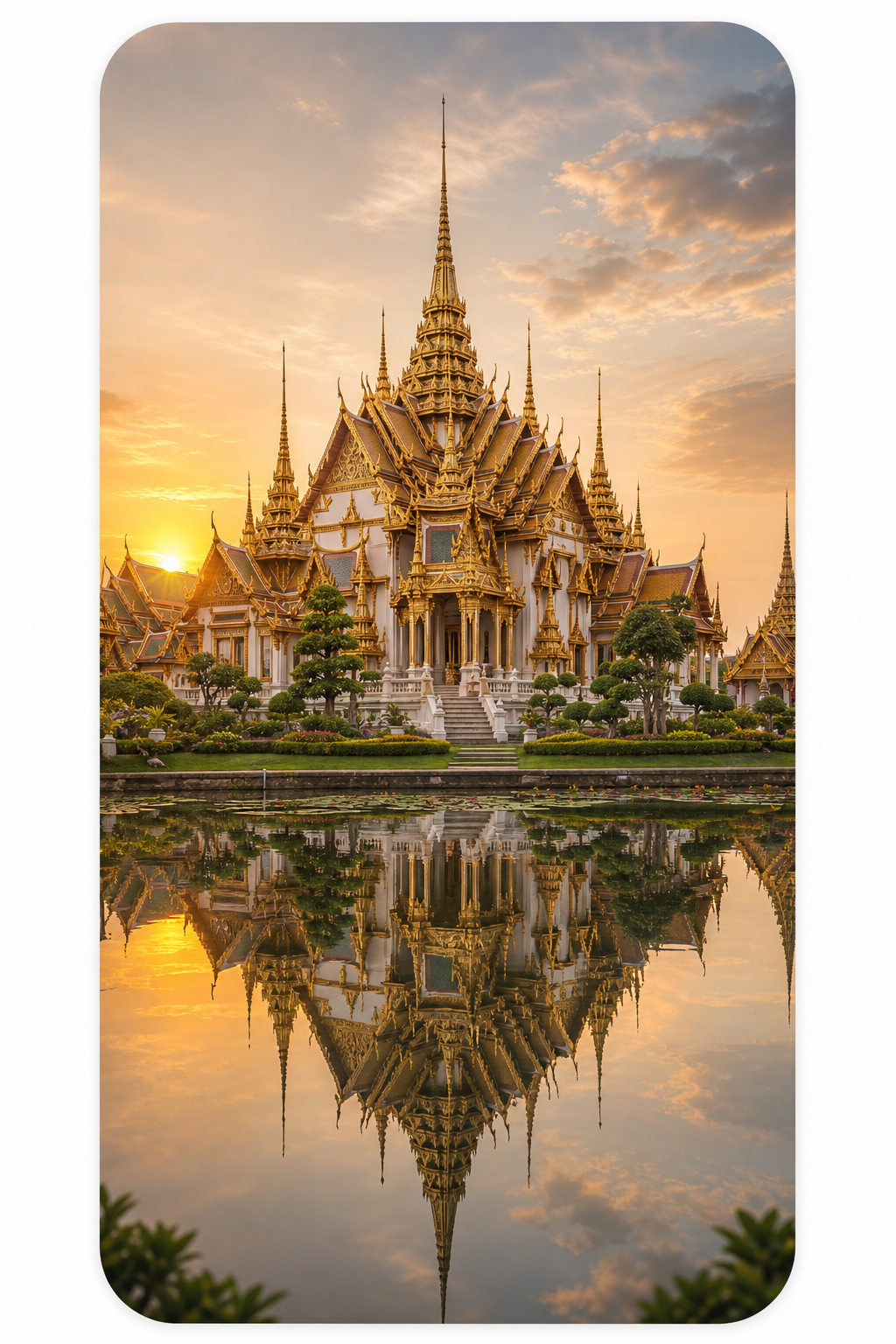 Bangkok temple reflected at sunrise